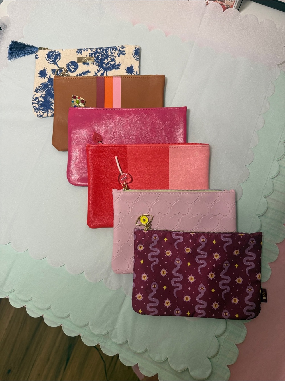 ipsy Pink Red Coral Purple Patterned Assorted Cosmetic Pouch Set of 6